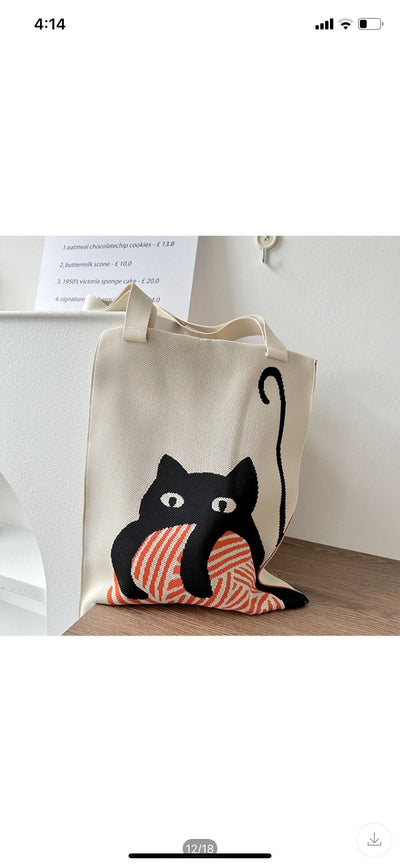 Not specified accessories Cat Beige Knitted Tote Bag