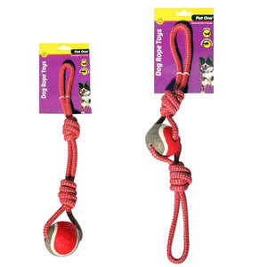 Pet One Toys Pet One Dog Toy Rope  Tug with Tennis Ball Red/Blue