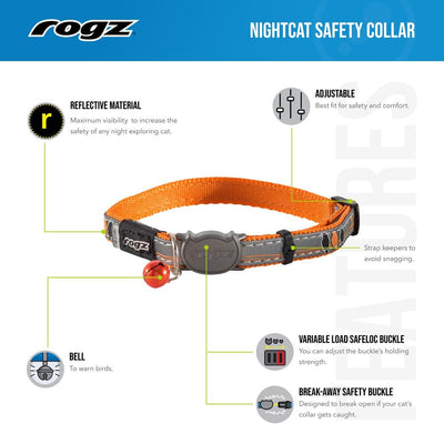 Rogz Collars / Leads Orange Birds on Wire / Small Rogz Nightcat Safeloc Reflective Collar