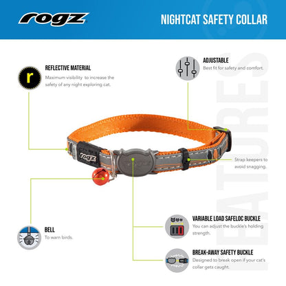 Rogz Collars / Leads Orange Birds on Wire / Small Rogz Nightcat Safeloc Reflective Collar